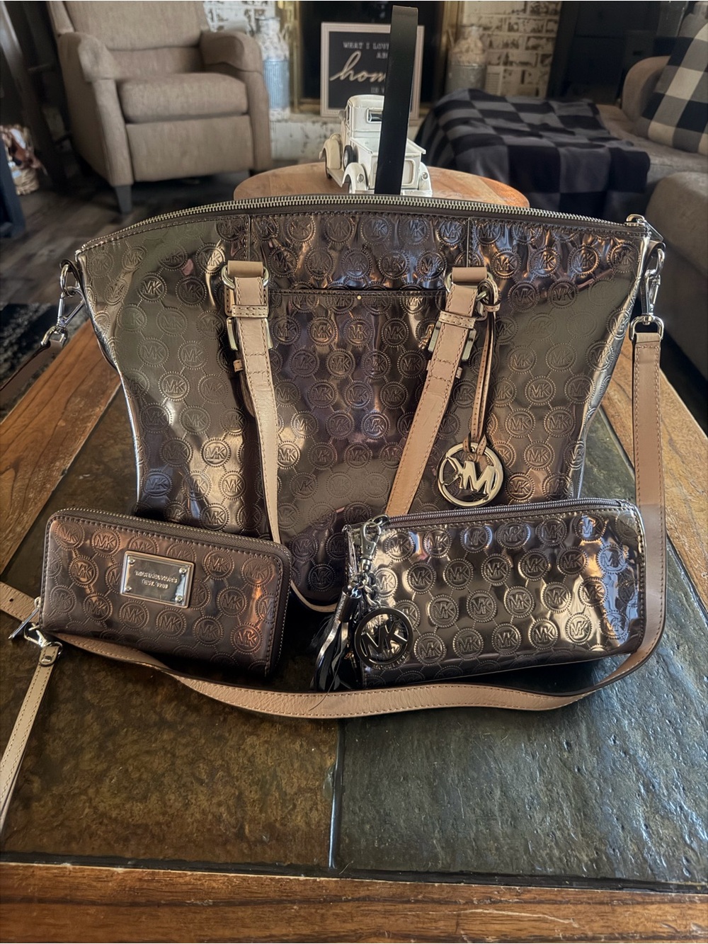 Michael Kors Metallic Bronze Logo Tote with Matching Wallet FREE makeup bag!!